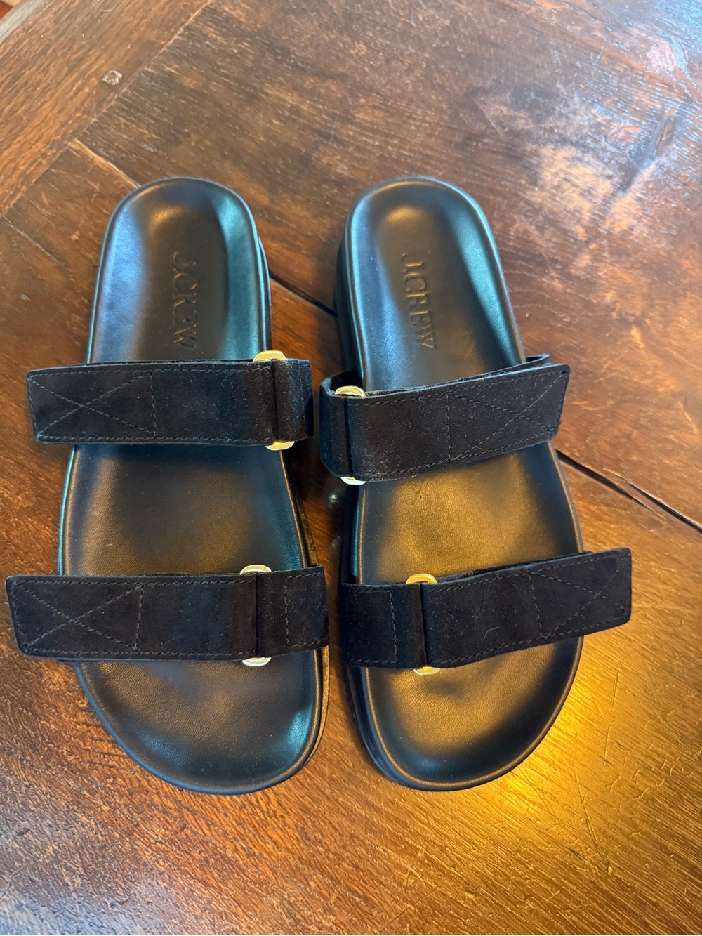 J. Crew Black Suede Double-Strap Slide Sandals with Gold Accents